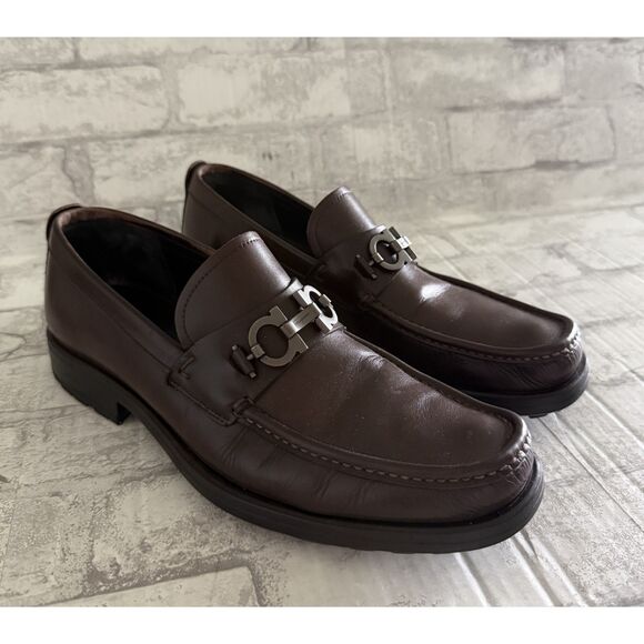 Ferragamo Men David Gancini Brown Leather Lug Sole Loafers Old Money Sz 9.5